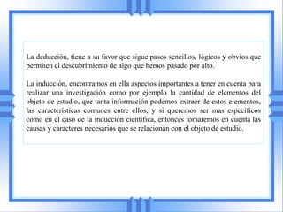 La deducción, tiene a su favor que sigue pasos sencillos, lógicos y obvios que
permiten el descubrimiento de algo que hemos pasado por alto.

La inducción, encontramos en ella aspectos importantes a tener en cuenta para
realizar una investigación como por ejemplo la cantidad de elementos del
objeto de estudio, que tanta información podemos extraer de estos elementos,
las características comunes entre ellos, y si queremos ser mas específicos
como en el caso de la inducción científica, entonces tomaremos en cuenta las
causas y caracteres necesarios que se relacionan con el objeto de estudio.
 