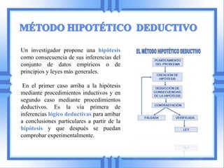Un investigador propone una hipótesis
como consecuencia de sus inferencias del
conjunto de datos empíricos o de
principios y leyes más generales.

 En el primer caso arriba a la hipótesis
mediante procedimientos inductivos y en
segundo caso mediante procedimientos
deductivos. Es la vía primera de
inferencias lógico deductivas para arribar
a conclusiones particulares a partir de la
hipótesis y que después se puedan
comprobar experimentalmente.
 