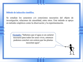 Se estudian los caracteres y/o conexiones necesarios del objeto de
investigación, relaciones de causalidad, entre otros. Este método se apoya
en métodos empíricos como la observación y la experimentación.




      Ejemplo: "Sabemos que el agua es un carácter
      necesario para todos los seres vivos, entonces
       podemos concluir con certeza que las plantas
                     necesitan agua".
 