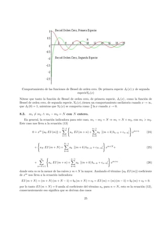 Comportamiento de las funciones de Bessel de orden cero. De primera especie J0 (x) y de segunda
especieY0 (x)
N´otese que tanto la funci´on de Bessel de orden cero, de primera especie, J0 (x) , como la funci´on de
Bessel de orden cero, de segunda especie, Y0 (x) ,tienen un comportamiento oscilatorio cuando x → ∞,
que J0 (0) = 1, mientras que Y0 (x) se comporta como 2
π ln x cuando x → 0.
8.3. m1 = m2 ∧ m1 − m2 = N con N entero.
En general, la ecuaci´on indicadora para este caso, m1 − m2 = N ⇒ m1 = N + m2, con m1 > m2.
Este caso nos lleva a la ecuaci´on (13)
0 = xm
{a0 EI (m)} +
N−1
n=1
an EI (m + n) +
n−1
k=0
ak [(m + k) bn−k + cn−k] xm+n
(24)
+ aN EI (m + N) +
N−1
k=0
ak [(m + k) bN−k + cN−k] xm+N
+ (25)
+
∞
n=N+1
an EI (m + n) +
n−1
k=0
ak [(m + k) bn−k + cn−k] xm+n
(26)
donde esta m es la menor de las ra´ıces y m+N la mayor. Anulando el t´ermino {a0 EI (m)} coeﬁciente
de xm nos lleva a la ecuaci´on indicadora:
EI (m + N) = (m + N) (m + N − 1) + b0 (m + N) + c0 = EI (m) = (m) (m − 1) + b0 (m) + c0 = 0.
por lo tanto EI (m + N) = 0 anula al coeﬁciente del t´ermino an para n = N, esto es la ecuaci´on (12),
consecuentemente eso signiﬁca que se derivan dos casos
25
 