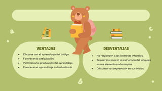 ● Eficaces con el aprendizaje del código.
● Favorecen la articulación.
● Permiten una graduación del aprendizaje.
● Favorecen el aprendizaje individualizado.
● No responden a los intereses infantiles.
● Requieren conocer la estructura del lenguaje
en sus elementos más simples.
● Dificultan la comprensión en sus inicios.
VENTAJAS DESVENTAJAS
 