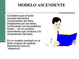MODELO ASCENDENTE Considera que el lector procesa elementos componentes del texto, empezando por las letras, continuando con las palabras, frases… Es un proceso ascendente que conduce a la comprensión del texto. Es un modelo centrado en el texto incapaz de explicar fenómenos como la “inferencia”. 