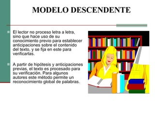 MODELO DESCENDENTE El lector no proceso letra a letra, sino que hace uso de su conocimiento previo para establecer anticipaciones sobre el contenido del texto, y se fija en este para verificarlas. A partir de hipótesis y anticipaciones previas, el texto es procesado para su verificación. Para algunos autores este método permite un reconocimiento global de palabras. 