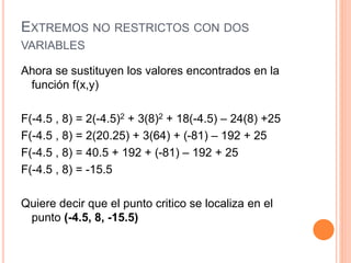 EXTREMOS NO RESTRICTOS CON DOS
VARIABLES
Ahora se sustituyen los valores encontrados en la
función f(x,y)
F(-4.5 , 8) = 2(-4.5)2 + 3(8)2 + 18(-4.5) – 24(8) +25
F(-4.5 , 8) = 2(20.25) + 3(64) + (-81) – 192 + 25
F(-4.5 , 8) = 40.5 + 192 + (-81) – 192 + 25
F(-4.5 , 8) = -15.5
Quiere decir que el punto critico se localiza en el
punto (-4.5, 8, -15.5)
 