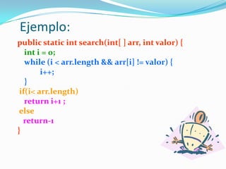 Ejemplo:public static int search(int[ ] arr, int valor) {	int i = 0;while (i < arr.length && arr[i] != valor) {		i++;	}if(i< arr.length) return i+1 ;else   return-1}