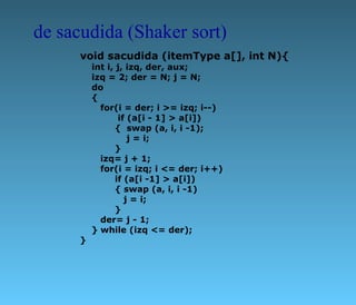 void sacudida (itemType a[], int N){     int i, j, izq, der, aux;       izq = 2; der = N; j = N;       do     {        for(i = der; i >= izq; i--)              if (a[i - 1] > a[i])             {  swap (a, i, i -1);                 j = i;             }        izq= j + 1;        for(i = izq; i <= der; i++)             if (a[i -1] > a[i])             { swap (a, i, i -1)                j = i;             }        der= j - 1;     } while (izq <= der);   } de sacudida (Shaker sort) 