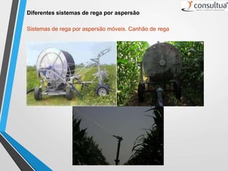 Sistemas de rega por aspersão móveis. Canhão de rega
Diferentes sistemas de rega por aspersão
 