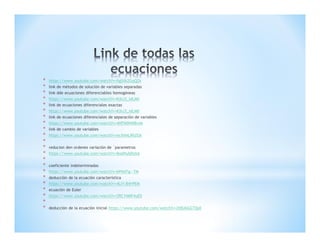 * https://www.youtube.com/watch?v=XgSXk2GqQZk
* link de métodos de solución de variables separadas
* link dde ecuaciones diferenciables homogéneas
* https://www.youtube.com/watch?v=KjhJ3_idLM0
* link de ecuaciones diferenciales exactas
* https://www.youtube.com/watch?v=KjhJ3_idLM0
* link de ecuaciones diferenciales de separación de variables
* https://www.youtube.com/watch?v=4HFN0NWBvAk
* link de cambio de variables
* https://www.youtube.com/watch?v=ecXHALRhZGk
*
* reducion den ordenes variación de ´parametros
* https://www.youtube.com/watch?v=Iba0hybDyhA
*
* coeficiente indeterminadas
* https://www.youtube.com/watch?v=kPNsFlg--TM
* deducción de la ecuación característica
* https://www.youtube.com/watch?v=4LlY-B4YPEM
* ecuación de Euler
* https://www.youtube.com/watch?v=2RC1NMF4uE0
*
* deducción de la ecuación inicial https://www.youtube.com/watch?v=2tBU6GGTQs0
 
