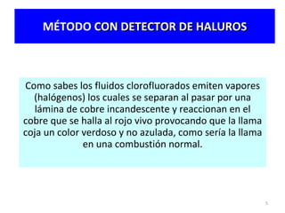 MÉTODO  CON DETECTOR DE HALUROS Como sabes los fluidos clorofluorados emiten vapores (halógenos) los cuales se separan al pasar  por una lámina de  cobre incandescente y reaccionan en el cobre que se halla al rojo vivo provocando que la llama coja un color verdoso y no azulada, como sería la llama en una combustión normal. 