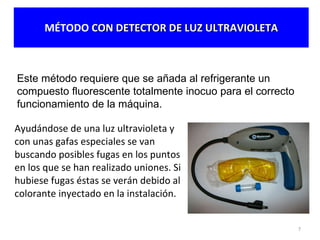 MÉTODO  CON DETECTOR DE LUZ ULTRAVIOLETA Ayudándose de una luz ultravioleta y con unas gafas especiales se van buscando posibles fugas en los puntos en los que se han realizado uniones. Si hubiese fugas éstas se verán debido al colorante inyectado en la instalación.  Este método requiere que se añada al refrigerante un compuesto fluorescente totalmente inocuo para el correcto funcionamiento de la máquina. 