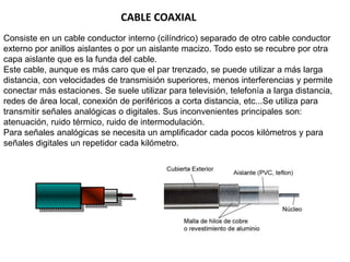 Paneles de conexiones ampliables. Existen diferentes versiones que admiten hasta 96 puertos y alcanzan velocidades de transmisión de hasta 100 Mbps.Clavijas. Estas clavijas RJ-45 dobles o simples se conectan en paneles de conexiones y placas de pared y alcanzan velocidades de datos de hasta 100 Mbps.Placas de pared. Éstas permiten dos o más enganches.Consideraciones sobre el cableado de par trenzado:El cable de par trenzado se utiliza si:La LAN tiene una limitación de presupuesto. Se desea una instalación relativamente sencilla, donde las conexiones de los equipos sean simples. No se utiliza el cable de par trenzado si:La LAN necesita un gran nivel de seguridad y se debe estar absolutamente seguro de la integridad de los datos. Los datos se deben transmitir a largas distancias y a altas velocidades. 