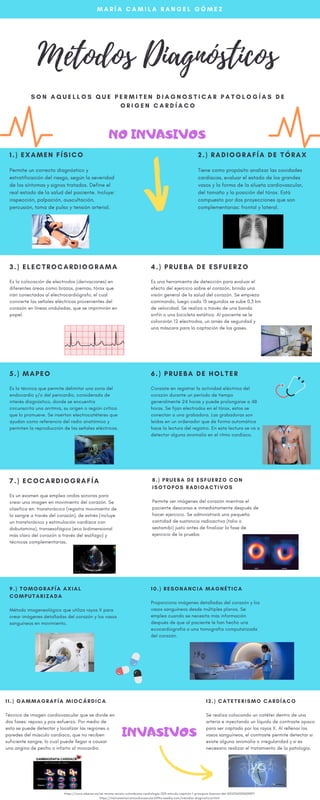 Métodos Diagnósticos
S O N A Q U E L L O S Q U E P E R M I T E N D I A G N O S T I C A R P A T O L O G Í A S D E
O R I G E N C A R D Í A C O
M A R Í A C A M I L A R A N G E L G Ó M E Z
https://www.elsevier.es/es-revista-revista-colombiana-cardiologia-203-articulo-capitulo-1-principios-basicos-del-S0120563316000917
https://instrumentacioncardiovascular2019a.weebly.com/metodos-diagnosticos.html
1.) EXAMEN FÍSICO
Permite un correcto diagnóstico y
estratificación del riesgo, según la severidad
de los síntomas y signos tratados. Define el
real estado de la salud del paciente. Incluye:
inspección, palpación, auscultación,
percusión, toma de pulso y tensión arterial.
2.) RADIOGRAFÍA DE TÓRAX
Tiene como propósito analizar las cavidades
cardíacas, evaluar el estado de los grandes
vasos y la forma de la silueta cardiovascular,
del tamaño y la posición del tórax. Está
compuesto por dos proyecciones que son
complementarias: frontal y lateral.
NO INVASIVOS
3.) ELECTROCARDIOGRAMA
Es la colocación de electrodos (derivaciones) en
diferentes áreas como brazos, piernas, tórax que
irán conectados al electrocardiógrafo, el cual
convierte las señales eléctricas provenientes del
corazón en líneas onduladas, que se imprimirán en
papel.
4.) PRUEBA DE ESFUERZO
Es una herramienta de detección para evaluar el
efecto del ejercicio sobre el corazón, brinda una
visión general de la salud del corazón. Se empieza
caminando, luego cada 15 segundos se sube 0,3 km
de velocidad. Se realiza a través de una banda
sinfín o una bicicleta estática. Al paciente se le
colocarán 12 electrodos, un arnés de seguridad y
una máscara para la captación de los gases.
5.) MAPEO
Es la técnica que permite delimitar una zona del
endocardio y/o del pericardio, considerada de
interés diagnóstico, donde se encuentra
circunscrita una arritmia, su origen o región crítica
que lo promueve. Se insertan electrocatéteres que
ayudan como referencia del radio anatómico y
permiten la reproducción de las señales eléctricas.
6.) PRUEBA DE HOLTER
Consiste en registrar la actividad eléctrica del
corazón durante un período de tiempo
generalmente 24 horas y puede prolongarse a 48
horas. Se fijan electrodos en el tórax, estos se
conectan a una grabadora. Las grabadoras son
leídas en un ordenador que de forma automática
hace la lectura del registro. En esta lectura se va a
detectar alguna anomalía en el ritmo cardíaco.
7.) ECOCARDIOGRAFÍA
Es un examen que emplea ondas sonoras para
crear una imagen en movimiento del corazón. Se
clasifica en: transtorácico (registra movimiento de
la sangre a través del corazón), de estrés (incluye
un transtorácico y estimulación cardíaca con
dobutamina), transesofágico (eco bidimensional
más claro del corazón a través del esófago) y
técnicas complementarias.
8.) PRUEBA DE ESFUERZO CON
ISOTOPOS RADIOACTIVOS
Permite ver imágenes del corazón mientras el
paciente descansa e inmediatamente después de
hacer ejercicio. Se administrará una pequeña
cantidad de sustancia radioactiva (talio o
sestamibi) justo antes de finalizar la fase de
ejercicio de la prueba.
9.) TOMOGRAFÍA AXIAL
COMPUTARIZADA
Método imageneológico que utiliza rayos X para
crear imágenes detalladas del corazón y los vasos
sanguíneos en movimiento.
10.) RESONANCIA MAGNÉTICA
Proporciona imágenes detalladas del corazón y los
vasos sanguíneos desde múltiples planos. Se
emplea cuando se necesita más información
después de que al paciente le han hecho una
ecocardiografía o una tomografía computarizada
del corazón.
11.) GAMMAGRAFÍA MIOCÁRDICA
Técnica de imagen cardiovascular que se divide en
dos fases: reposo y pos-esfuerzo. Por medio de
esta se puede detectar y localizar las regiones o
paredes del músculo cardíaco, que no reciben
suficiente sangre, lo cual puede llegar a causar
una angina de pecho o infarto al miocardio.
12.) CATETERISMO CARDÍACO
Se realiza colocando un catéter dentro de una
arteria e inyectando un líquido de contraste opaco
para ser captado por los rayos X. Al rellenar los
vasos sanguíneos, el contraste permite detectar si
existe alguna anomalía o irregularidad y si es
necesario realizar el tratamiento de la patología.
INVASIVOS
 