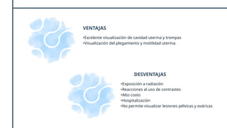 VENTAJAS
•Excelente visualización de cavidad uterina y trompas
•Visualización del plegamiento y motilidad uterina.
DESVENTAJAS
•Exposición a radiación
•Reacciones al uso de contrastes
•Alto costo
•Hospitalización
•No permite visualizar lesiones pélvicas y ováricas
 