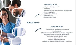 INDICACIONES
DIAGNOSTICAS
1.Sangrado uterino anormal.
2.Infertilidad.
3.Sinequias intrauterinas ( Síndrome de Asherman)
4.Fibromas y pólipos.
5.Anomalías Mullerianas.
6.Cuerpo extraño.
7.Dolor pélvico crónico.
QUIRURGICAS
1.Tratamiento de sangrado uterino normal.
2.Polipectomía
3.Tratamiento de malformaciones uterinas congénitas :
Metroplastia para incisión del septo uterino.
4.Remoción de DIU fuera de lugar.
5.Esterilización
6.Biopsia endometrial dirigida.
7.Manejo del bloqueo tubárico cornual o intersticial
 