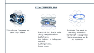 ESTA COMPUESTA POR
Video cámara: Esta puede ser
de un chip o de tres. Fuente de luz: Puede variar
3500 y 6000grados kelvin.
Luz halógeno.
Luz halídica o halogenuro
metálico
Luz lámpara zeta.
Luz de xenón.
Insuflador: Este puede ser
eléctrico y automático.
Monitor VCR o videoprinter:
Esta se requiere que sea de
alta resolución
 