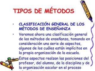 TIPOS DE MÉTODOS CLASIFICACIÓN GENERAL DE LOS MÉTODOS DE ENSEÑANZA Veremos ahora una clasificación general de los métodos de enseñanza, tomando en consideración una serie de aspectos, algunos de los cuáles están implícitos en la propia organización de la escuela. Estos aspectos realzan las posiciones del profesor, del alumno, de la disciplina y de la organización escolar en el proceso educativo. 
