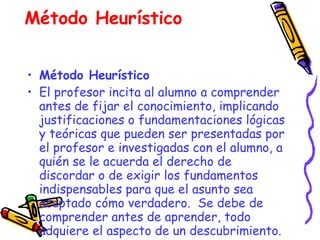 Método Heurístico El profesor incita al alumno a comprender antes de fijar el conocimiento, implicando justificaciones o fundamentaciones lógicas y teóricas que pueden ser presentadas por el profesor e investigadas con el alumno, a quién se le acuerda el derecho de discordar o de exigir los fundamentos indispensables para que el asunto sea aceptado cómo verdadero.  Se debe de comprender antes de aprender, todo adquiere el aspecto de un descubrimiento.   Método Heurístico 