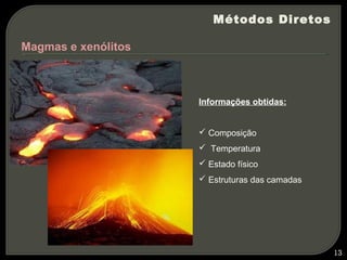 Métodos Diretos

Magmas e xenólitos



                     Informações obtidas:


                      Composição
                      Temperatura
                      Estado físico
                      Estruturas das camadas




                                                13
 