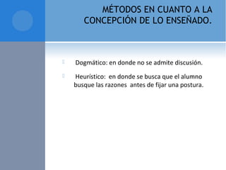 MÉTODOS EN CUANTO A LA
CONCEPCIÓN DE LO ENSEÑADO.
  Dogmático: en donde no se admite discusión.
  Heurístico:  en donde se busca que el alumno 
busque las razones  antes de fijar una postura.
 