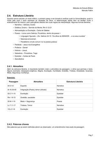 Métodos de Estudo Bíblico
Marcelo Feltrin
Pág 7
2.4. Estrutura Literária
Quando vamos estudar um texto bíblico, o primeiro passo a ser tomado é verificar qual é a forma literária, qual é o
modo pelo qual o autor expressa as verdades de Deus. A determinação desse item irá facilitar muito o
entendimento do mesmo, pois cada gênero literário tem suas regras de interpretação. Algumas formas literárias:
• Narrativa – Gênesis, Exodo
• Didática, Ensino – Sermão do Monte, Rm 5.12-21
• Admoestação ou Exortação - Carta de Gálatas
• Poesia – Livros como Salmos, Provérbios, dentro de poesia =
• Linguagem figurada – (Ex: Salmos 34.15: “Os olhos do SENHOR ....e os seus ouvidos”
• Natureza emocional .
• Paralelismo (muito comum na na poesia judaica)
• Parábola – Jesus nos Evangelhos
• Profecia – Daniel
• Historia – Josué,
• Sabedoria – Provérbios, Tiago
• Epistolar – Cartas de Paulo
• Apocalíptica
2.4.1. Atmosfera
Além da estrutura literária, é importante também notar a atmosfera da passagem, o clima que permeia o texto.
Alguns exemplos: Desespero,Urgência, Alegria, Exortação, Humildade, Gratidão, Tristeza, Ansiedade, Surpresa,
Medo, Segurança, Confiança.
Exercício:
Passagem Atmosfera Estrutura Literária
At 9.1-9 Espanto Narrativa
At 16.35-40 Indignação (Paulo); temor (oficiais) Narrativa
Gl 2.11-15 Exortação Epistolar
Rm 1.8-15 Gratidão, saudades Epistolar
Sl 64.1-10 Medo + Segurança Poesia
Lc 7.11-17 Tristeza, Temor Narrativa
1Co 3.1-9 Exortação Epistolar
2.4.2. Palavras chaves
São palavras que ao serem definidas abrem ao observador, um entendimento mais exato da passagem.
 