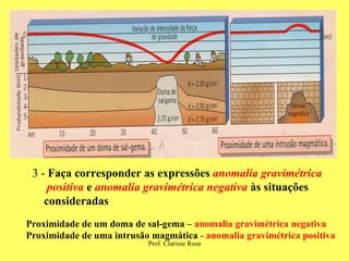 3 -  Faça corresponder as expressões  anomalia gravimétrica   positiva   e  anomalia gravimétrica negativa   às situações  consideradas Proximidade de um doma de sal-gema –   anomalia gravimétrica negativa Proximidade de uma intrusão magmática  -  anomalia gravimétrica positiva 
