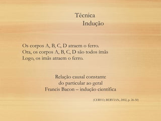 Técnica
Indução
Os corpos A, B, C, D atraem o ferro.
Ora, os corpos A, B, C, D são todos ímãs
Logo, os imãs atraem o ferro.
Relação causal constante
do particular ao geral
Francis Bacon – indução científica
(CERVO; BERVIAN, 2002, p. 26-50)
 