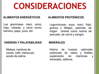 Las gramíneas: maíz, arroz,
trigo, cebada, y otros como:
banano, papa, yuca, etc.
Leguminosas: soya, maní, frijol,
granos y follajes, palmiste, de
origen animal como harina de
pescado, de carne y sangre.
Melaza, residuos de
cacao, café, maracuyá,
aceite de palma
Harina de huesos calcinado,
carbonato de calcio y fosfato,
suplemento de vitaminas y
minerales, aditivos.
CONSIDERACIONES
ALIMENTOS ENERGÉTICOS ALIMENTOS PROTEÍNICOS
ENERGÍA Y PALATABILIDAD MINERALES
 