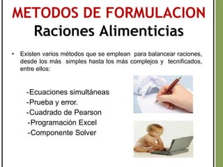 -Ecuaciones simultáneas
-Prueba y error.
-Cuadrado de Pearson
-Programación Excel
-Componente Solver
METODOS DE FORMULACION
Raciones Alimenticias
• Existen varios métodos que se emplean para balancear raciones,
desde los más simples hasta los más complejos y tecnificados,
entre ellos:
 