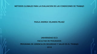 METODOS GLOBALES PARA LA EVALUACION DE LAS CONDICIONES DE TRABAJO
PAOLA ANDREA VELANDIA PELAEZ
UNIVERSIDAD ECCI
FACULTAD DE POSGRADOS
PROGRAMA DE GERENCIA EN SEGURIDAD Y SALUD EN EL TRABAJO
2018
 