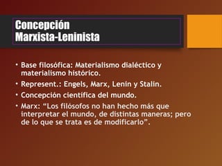 Concepción
Marxista-Leninista
• Base filosófica: Materialismo dialéctico y
materialismo histórico.
• Represent.: Engels, Marx, Lenin y Stalin.
• Concepción científica del mundo.
• Marx: “Los filósofos no han hecho más que
interpretar el mundo, de distintas maneras; pero
de lo que se trata es de modificarlo”.
 