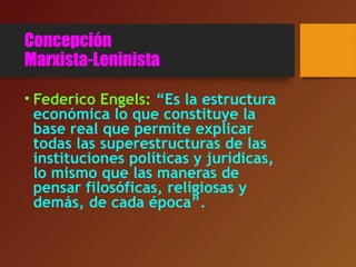 Concepción
Marxista-Leninista
• Federico Engels: “Es la estructura
económica lo que constituye la
base real que permite explicar
todas las superestructuras de las
instituciones políticas y jurídicas,
lo mismo que las maneras de
pensar filosóficas, religiosas y
demás, de cada época”.
 
