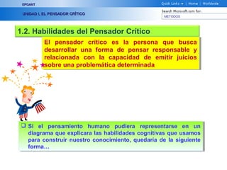 EPOANT


 UNIDAD I, EL PENSADOR CRÍTICO
                                                   METODOS




1.2. Habilidades del Pensador Crítico
           El pensador crítico es la persona que busca
            El pensador crítico es la persona que busca
           desarrollar una forma de pensar responsable y
            desarrollar una forma de pensar responsable y
           relacionada con la capacidad de emitir juicios
            relacionada con la capacidad de emitir juicios
           sobre una problemática determinada
            sobre una problemática determinada




  Si el pensamiento humano pudiera representarse en un
  Si el pensamiento humano pudiera representarse en un
   diagrama que explicara las habilidades cognitivas que usamos
    diagrama que explicara las habilidades cognitivas que usamos
   para construir nuestro conocimiento, quedaría de la siguiente
    para construir nuestro conocimiento, quedaría de la siguiente
   forma…
    forma…
 