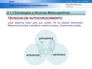 METODOS
EPOANTEPOANT
UNIDAD II, METACOGNICION Y AUTORREGULACIONUNIDAD II, METACOGNICION Y AUTORREGULACION
2.1.3 Estrategias y técnicas Metacognitivas
TECNICAS DE AUTOCONOCIMIENTOTECNICAS DE AUTOCONOCIMIENTO
¿Qué debemos hacer para que nuestro YO se exprese libremente?,
Debemos armonizar y equilibrar nuestros cuerpos. Cuando esto sucede:
 