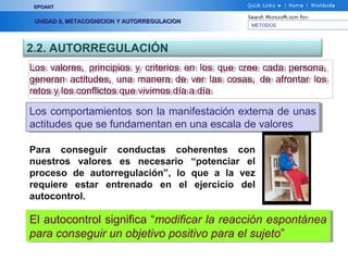 METODOS
EPOANTEPOANT
UNIDAD II, METACOGNICION Y AUTORREGULACIONUNIDAD II, METACOGNICION Y AUTORREGULACION
2.2. AUTORREGULACIÓN
Los valores, principios y criterios en los que cree cada persona,
generan actitudes, una manera de ver las cosas, de afrontar los
retos y los conflictos que vivimos día a día
Los valores, principios y criterios en los que cree cada persona,
generan actitudes, una manera de ver las cosas, de afrontar los
retos y los conflictos que vivimos día a día
Los comportamientos son la manifestación externa de unas
actitudes que se fundamentan en una escala de valores
Los comportamientos son la manifestación externa de unas
actitudes que se fundamentan en una escala de valores
Para conseguir conductas coherentes con
nuestros valores es necesario “potenciar el
proceso de autorregulación”, lo que a la vez
requiere estar entrenado en el ejercicio del
autocontrol.
El autocontrol significa “modificar la reacción espontánea
para conseguir un objetivo positivo para el sujeto”
El autocontrol significa “modificar la reacción espontánea
para conseguir un objetivo positivo para el sujeto”
 