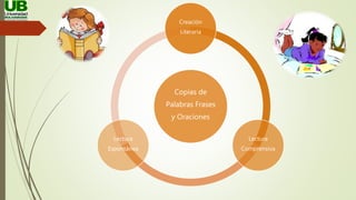 Copias de
Palabras Frases
y Oraciones
Creación
Literaria
Lectura
Comprensiva
Lectura
Espontánea
 