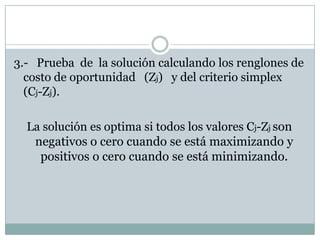 3.-   Prueba  de  la solución calculando los renglones de costo de oportunidad   (Zj)   y del criterio simplex  (Cj-Zj).   La soluciónes optima sitodos los valoresCj-Zjson negativos o cero cuando se estámaximizando y positivos o cero cuando se estáminimizando.
