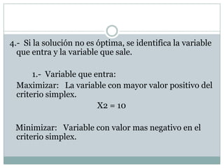 4.-  Si la solución no esóptima, se identifica la variable queentra y la variable que sale.		1.-  Variable queentra:Maximizar:   La variable con mayor valor positivo del criterio simplex.X2 = 10Minimizar:   Variable con valor masnegativo en el criterio simplex.