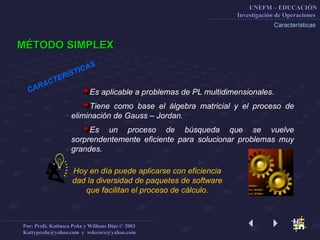 Características Es aplicable a problemas de PL multidimensionales. Tiene como base el álgebra matricial y el proceso de eliminación de Gauss – Jordan. Es un proceso de búsqueda que se vuelve sorprendentemente eficiente para solucionar problemas muy grandes. CARACTERÍSTICAS MÉTODO SIMPLEX Hoy en día puede aplicarse con eficiencia dad la diversidad de paquetes de software que facilitan el proceso de cálculo. 