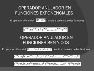 OPERADOR ANULADOR EN FUNCIONES EXPONENCIALES  El operador diferencial  Anula a cada una de las funciones OPERADOR ANULADOR EN FUNCIONES SEN Y COS  El operador diferencial  Anula a cada una de las funciones 