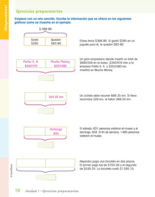 ¡Empezamos!
                   Ejercicios preparatorios
                  Empieza con un reto sencillo. Escribe la información que se ofrece en los siguientes
                  gráficos como se muestra en el ejemplo.

                                       $ 368.90


                             Gastó            Quedan            Eliseo tenía $368.90. Si gastó $285 en un
                             $285             $83.90            juguete para él, le quedan $83.90.




                                                                Un gran empresario decide invertir un total de
                        Patito S. A.          Mucho Money       $694 550 en la bolsa. $340 970 irán a la
                         $340 970               $353 580        empresa Patito S. A. y $353 580 los
                                                                invertirá en Mucho Money.




                                             369.35 km          Un ciclista debe recorrer 689.35 km. Si lleva
                                                                recorridos 320 km, le faltan 369.35 km.




                                             Domingo            El sábado, 631 personas visitaron el museo y el
                                               834              domingo, 834. El fin de semana, 1 465 personas
                                                                visitaron el museo




                                                                Alejandra pagó una bicicleta en dos plazos.
                                                                El primer pago fue de $755.50 y el segundo
                                                                de $530.25. La bicicleta costó $1 285.75.




                  10     Unidad 1 • Ejercicios preparatorios


PL 1 EA.indd 10                                                                                                   11/12/07 8:54:54 PM
 