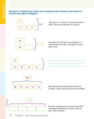 ¡Empezamos!

                  Demuestra tu habilidad para ilustrar con un diagrama cada situación o para inventar la
                  situación que sugiere el diagrama.


                              11
                                                                    José ganó 11 canicas y su hermano Pedro el
                                                              44   triple. Entre los dos ganaron 44 canicas.
                              11     11        11




                             25
                                                                   Lola bebe 25 cl de leche en el desayuno y
                                                                   el doble durante la cena. Lola bebe 75 cl de
                             25                                    leche al día.




                       12


                       12      12         12        12




                                     320



                        64     64     64       64        64        Bernardo repartió 320 caramelos entre sus
                                                                   5 nietos. A cada nieto le tocaron 64 caramelos.




                                                                   Carolina está decorando una puerta con 640
                                                                   chinchetas distribuidas en 4 filas. Cada fila
                                                                   lleva 160 chinchetas.

                  12     Unidad 1 • Ejercicios preparatorios


PL 1 EA.indd 12                                                                                                    11/12/07 8:54:55 PM
 