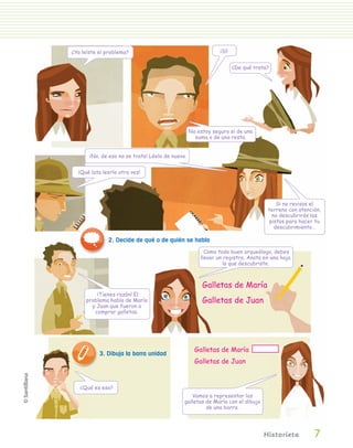 ¿Ya leíste el problema?                                       ¡Sí!


                                                                                      ¿De qué trata?




                                                                   No estoy seguro si de una
                                                                     suma o de una resta.


                        ¡No, de eso no se trata! Léelo de nuevo.


                   ¡Qué lata leerlo otra vez!




                                                                                                       Si no revisas el
                                                                                                   terreno con atención,
                                                                                                     no descubrirás las
                                                                                                    pistas para hacer tu
                                                                                                      descubrimiento…

                               2. Decide de qué o de quién se habla
                                                                         Como todo buen arqueólogo, debes
                                                                       llevar un registro. Anota en una hoja
                                                                                lo que descubriste.



                                                                        Galletas de María
                          ¡Tienes razón! El
                      problema habla de María                           Galletas de Juan
                        y Juan que fueron a
                         comprar galletas.




                                                                     Galletas de María
                            3. Dibuja la barra unidad
                                                                     Galletas de Juan


                    ¿Qué es eso?
                                                                  Vamos a representar las
                                                               galletas de María con el dibujo
                                                                        de una barra.




                                                                                                  Historieta         7
PL 1 EA.indd 7                                                                                                         11/12/07 8:54:39 PM
 