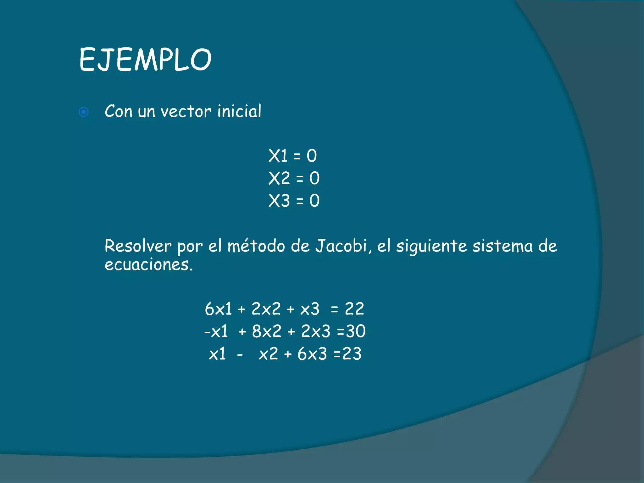      EJEMPLOCon un vector inicial  				X1 = 0				X2 = 0				X3 = 0	Resolver por el método de Jacobi, el siguiente sistema de ecuaciones.		             6x1 + 2x2 + x3  = 22			-x1  + 8x2 + 2x3 =30			 x1  -   x2 + 6x3 =23