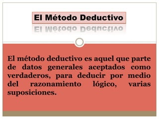 El Método Deductivo

El método deductivo es aquel que parte
de datos generales aceptados como
verdaderos, para deducir por medio
del
razonamiento
lógico,
varias
suposiciones.

 