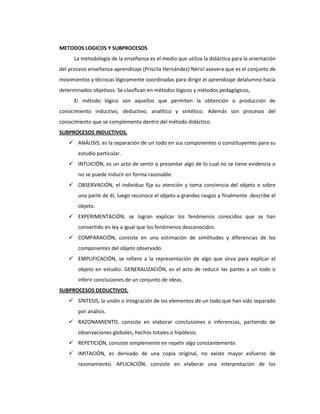 METODOS LOGICOS Y SUBPROCESOS
La metodología de la enseñanza es el medio que utiliza la didáctica para la orientación
del proceso enseñanza-aprendizaje (Priscila Hernández) Néricí asevera que es el conjunto de
movimientos y técnicas lógicamente coordinadas para dirigir el aprendizaje delalumno hacia
determinados objetivos. Se clasifican en métodos lógicos y métodos pedagógicos,
Ei método lógico son aquellos que permiten la obtención o producción de
conocimiento inductivo, deductivo, analítico y sintético. Además son procesos del
conocimiento que se complementa dentro del método didáctico.
SUBPROCESOS INDUCTIVOS.
 ANÁLISIS, es la separación de un todo en sus componentes o constituyentes para su
estudio particular.
 INTUICIÓN, es un acto de sentir o presentar algo de lo cual no se tiene evidencia o
no se puede inducir en forma razonable.
 OBSERVACIÓN, el individuo fija su atención y toma conciencia del objeto o sobre
una parte de él, luego reconoce el objeto a grandes rasgos y finalmente .describe el
objeto.
 EXPERIMENTACIÓN, se logran explicar los fenómenos conocidos que se han
convertido en ley a igual que los fenómenos desconocidos.
 COMPARACIÓN, consiste en una estimación de similitudes y diferencias de los
componentes del objeto observado.
 EMPLIFICACIÓN, se refiere a la representación de algo que sirva para explicar el
objeto en estudio. GENERALIZACIÓN, es el acto de reducir las partes a un todo o
inferir conclusiones de un conjunto de ideas.
SUBPROCESOS DEDUCTIVOS.
 SÍNTESIS, la unión o integración de los elementos de un todo que han sido separado
por análisis.
 RAZONAMIENTO, consiste en elaborar conclusiones o inferencias, partiendo de
observaciones globales, hechos totales o hipótesis.
 REPETICIÓN, consiste simplemente en repetir algo constantemente.
 IMITACIÓN, es derivado de una copia original, no existe mayor esfuerzo de
razonamiento. APLICACIÓN, consiste en elaborar una interpretación de los
 