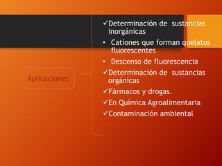 Determinación de sustancias
inorgánicas
• Cationes que forman quelatos
fluorescentes
• Descenso de fluorescencia
Determinación de sustancias
orgánicas
Fármacos y drogas.
En Química Agroalimentaria
Contaminación ambiental
Aplicaciones
 