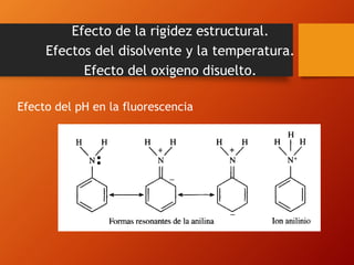 Efecto del pH en la fluorescencia
Efecto de la rigidez estructural.
Efectos del disolvente y la temperatura.
Efecto del oxigeno disuelto.
 