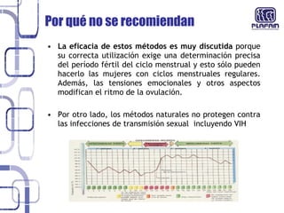 Por qué no se recomiendan  La eficacia de estos métodos es muy discutida   porque su correcta utilización exige una determinación precisa del período fértil del ciclo menstrual y esto sólo pueden hacerlo las mujeres con ciclos menstruales regulares. Además, las tensiones emocionales y otros aspectos modifican el ritmo de la ovulación.  Por otro lado, los métodos naturales no protegen contra las infecciones de transmisión sexual  incluyendo VIH 