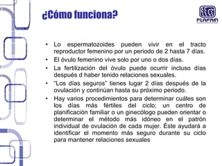 ¿Cómo funciona?  Lo espermatozoides pueden vivir en el tracto reproductor femenino por un periodo de 2 hasta 7 días. El óvulo femenino vive solo por uno o dos días. La fertilización del óvulo puede ocurrir incluso días después d haber tenido relaciones sexuales. “ Los días seguros” tienes lugar 2 días después de la ovulación y continúan hasta su próximo periodo. Hay varios procedimientos para determinar cuáles son los días más fértiles del ciclo; un centro de planificación familiar o un ginecólogo pueden orientar o determinar el método más idóneo en el patrón individual de ovulación de cada mujer. Éste ayudará a identificar el momento más seguro durante su ciclo para mantener relaciones sexuales 