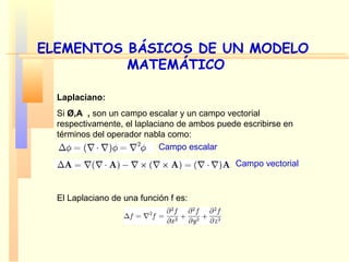 ELEMENTOS BÁSICOS DE UN MODELO  MATEMÁTICO Laplaciano: Si   Ø,A   ,  son un campo escalar y un campo vectorial respectivamente, el laplaciano de ambos puede escribirse en términos del operador nabla como:  El Laplaciano de una función f es: Campo escalar Campo vectorial 